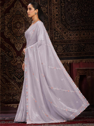 Charming Lavender Sequins Georgette Reception Wear Saree With Blouse